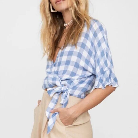 Rails Athena Blue Gingham Cropped Wrap Top XS Linen Blend - Picture 3 of 14